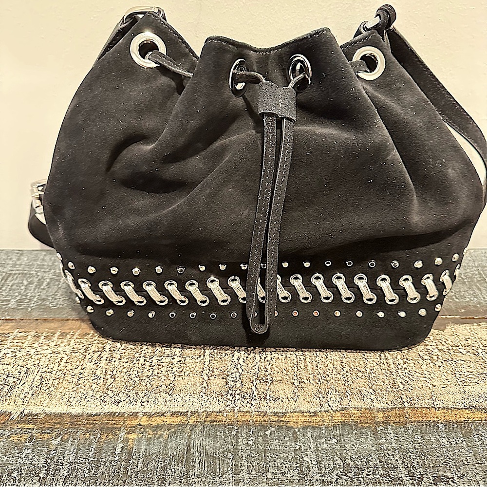 Michael Kors black suede with silver stitch detailing drawstring bag